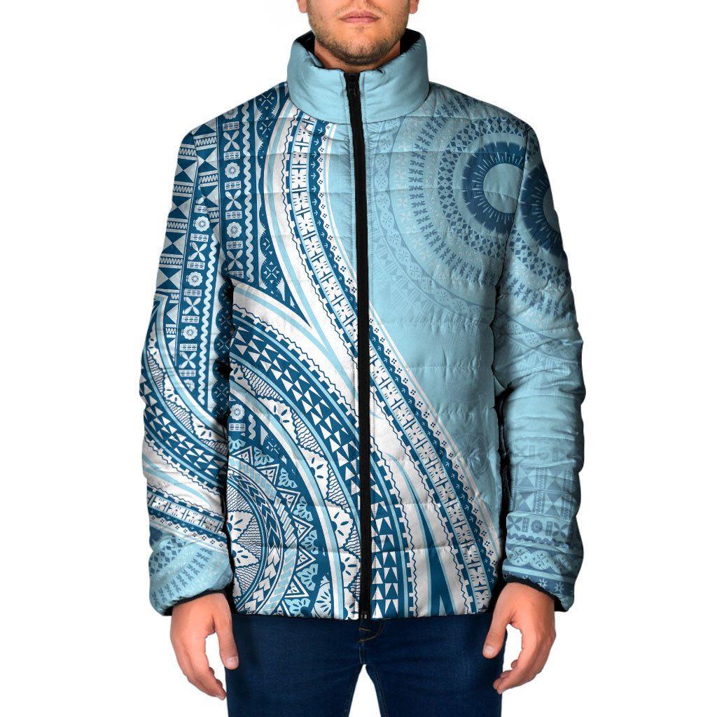 Bula Fiji Vintage Tapa Padded Jacket Kaivity Masi Wave Motifs - Turquoise