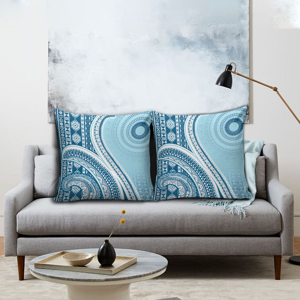 Bula Fiji Vintage Tapa Pillow Cover Kaivity Masi Wave Motifs - Turquoise