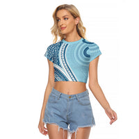 Bula Fiji Vintage Tapa Raglan Cropped T Shirt Kaivity Masi Wave Motifs - Turquoise LT7 Female Turquoise - Polynesian Pride