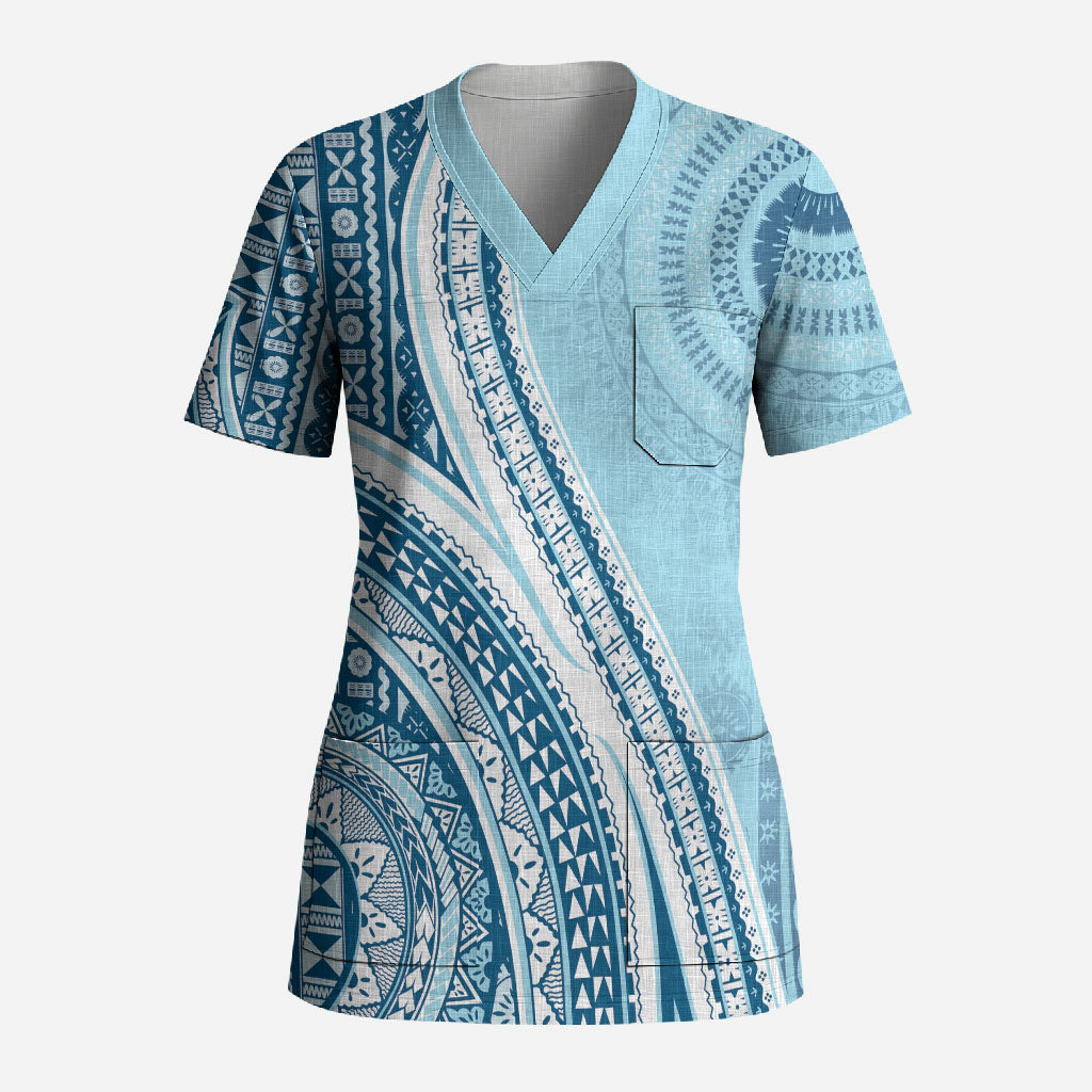 Bula Fiji Vintage Tapa Scrub Top Kaivity Masi Wave Motifs - Turquoise