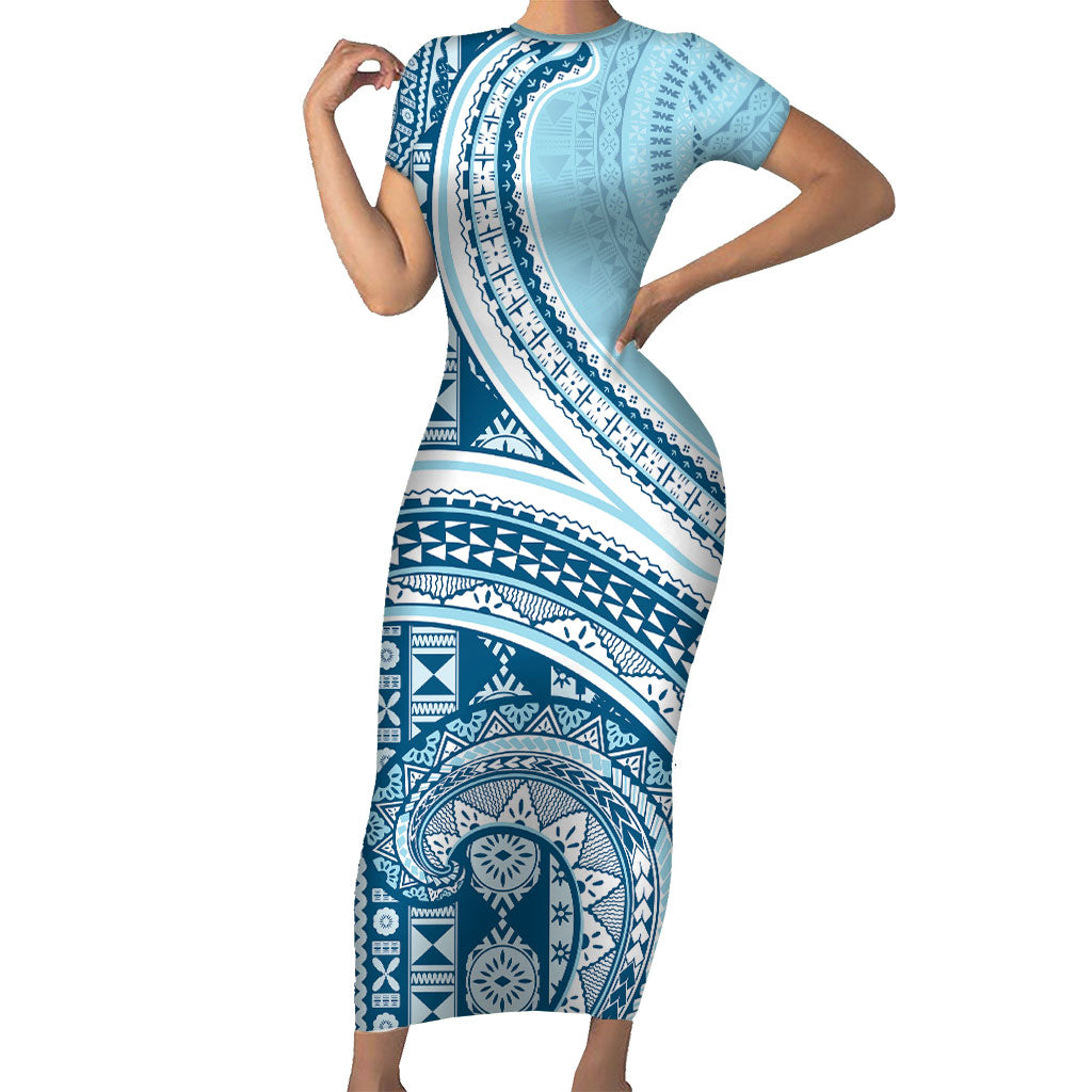 Bula Fiji Vintage Tapa Short Sleeve Bodycon Dress Kaivity Masi Wave Motifs - Turquoise LT7 Long Dress Turquoise - Polynesian Pride