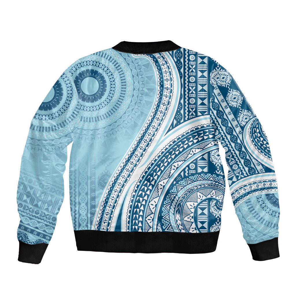 Bula Fiji Vintage Tapa Sleeve Zip Bomber Jacket Kaivity Masi Wave Motifs - Turquoise