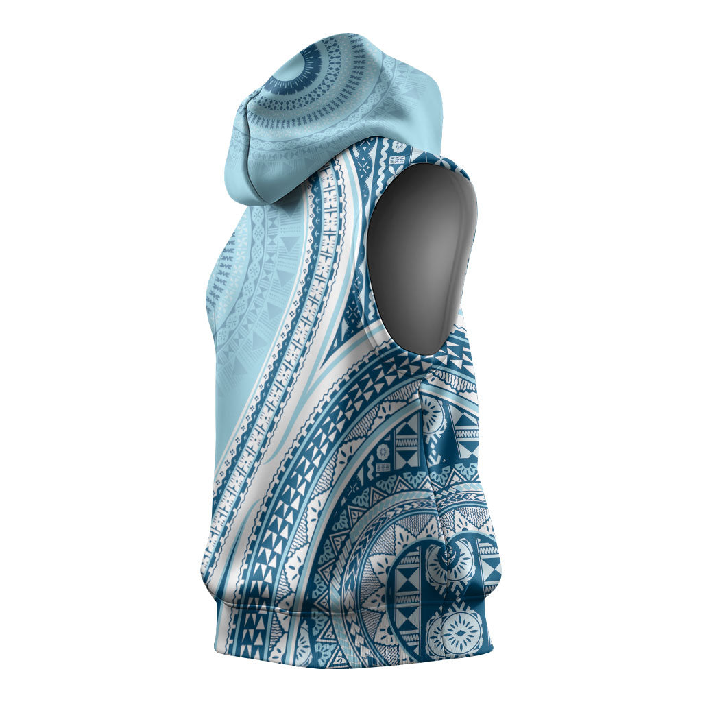 Bula Fiji Vintage Tapa Sleeveless Hoodie Kaivity Masi Wave Motifs - Turquoise LT7 - Polynesian Pride