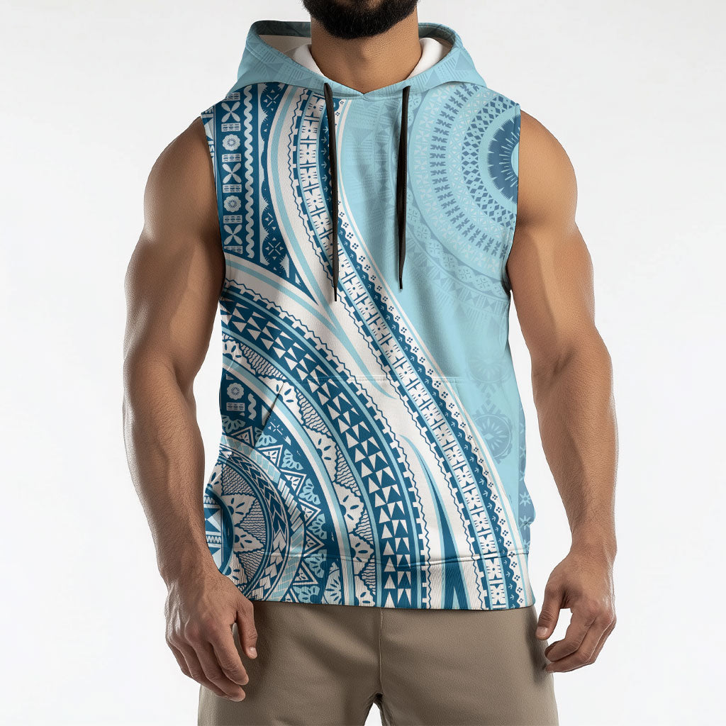 Bula Fiji Vintage Tapa Sleeveless Hoodie Kaivity Masi Wave Motifs - Turquoise LT7 - Polynesian Pride