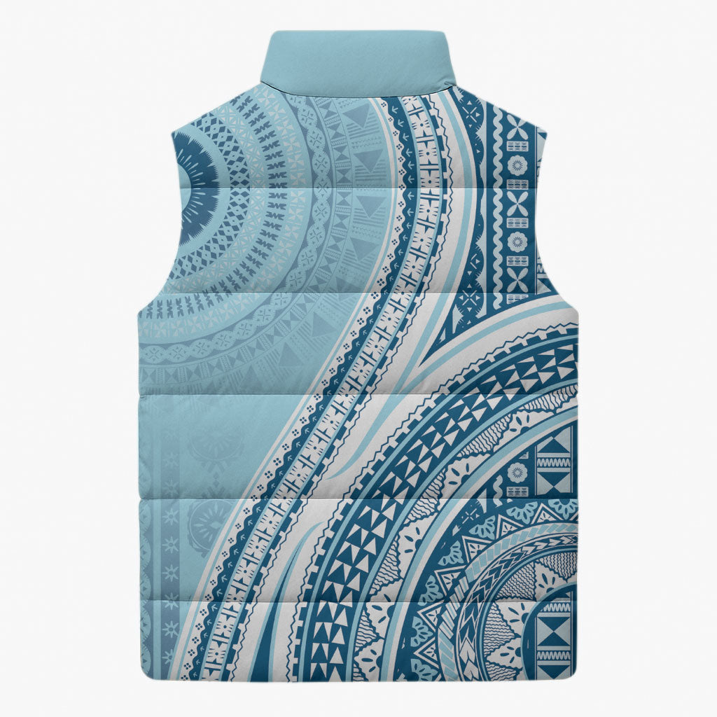 Bula Fiji Vintage Tapa Sleeveless Puffer Jacket Kaivity Masi Wave Motifs - Turquoise
