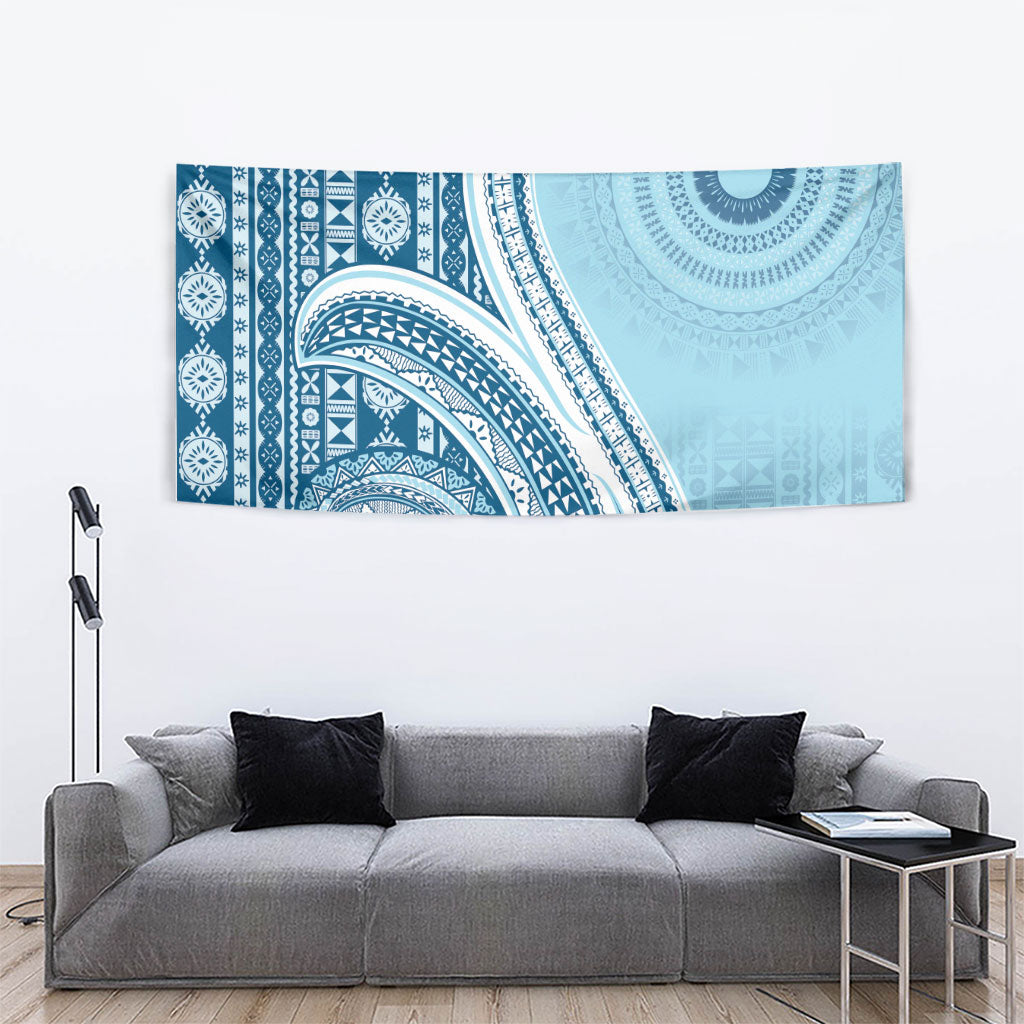Bula Fiji Vintage Tapa Tapestry Kaivity Masi Wave Motifs - Turquoise LT7 - Polynesian Pride