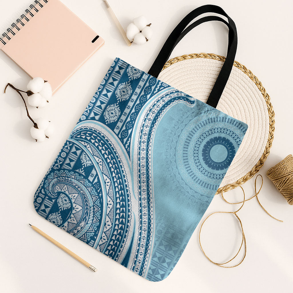 Bula Fiji Vintage Tapa Tote Bag Kaivity Masi Wave Motifs - Turquoise
