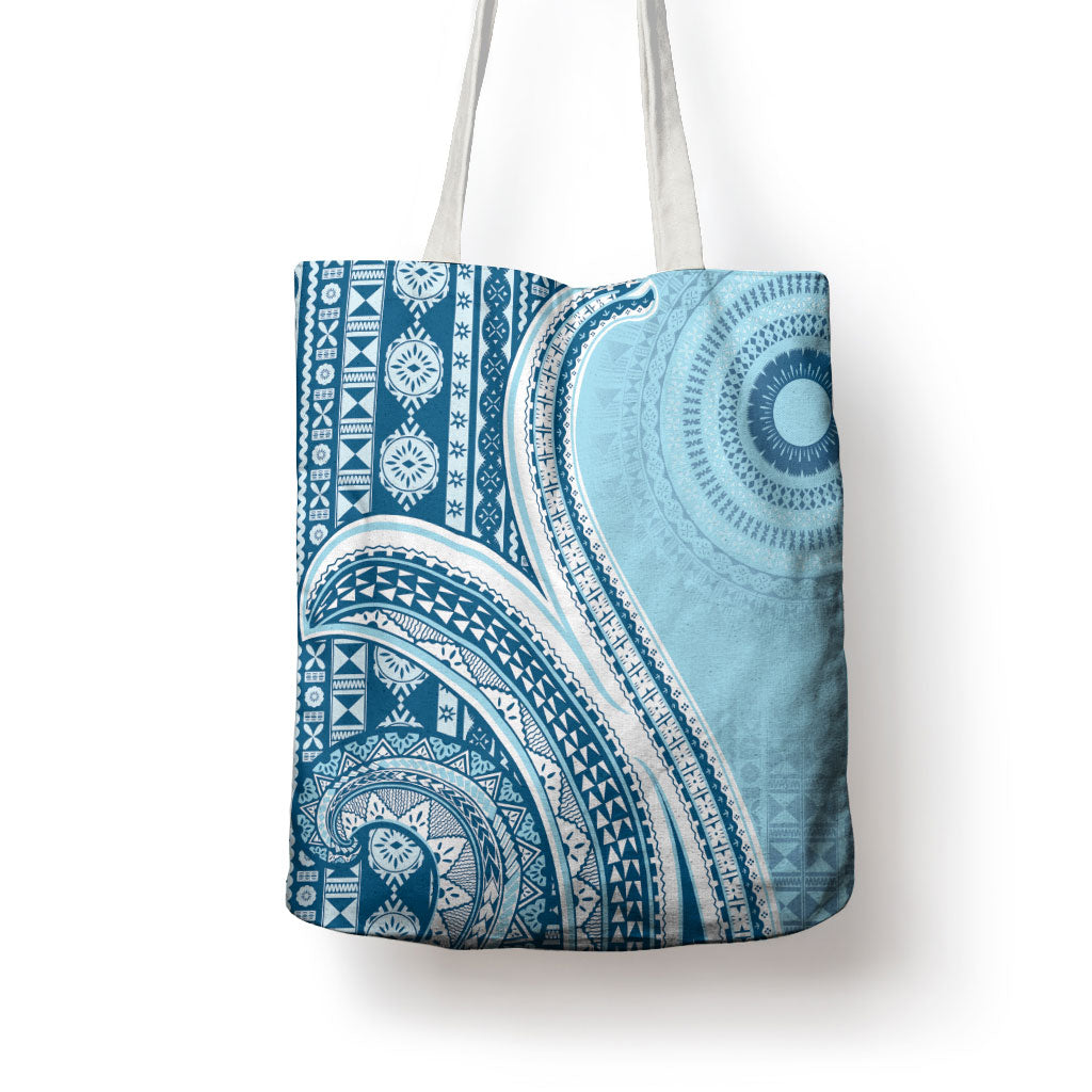 Bula Fiji Vintage Tapa Tote Bag Kaivity Masi Wave Motifs - Turquoise