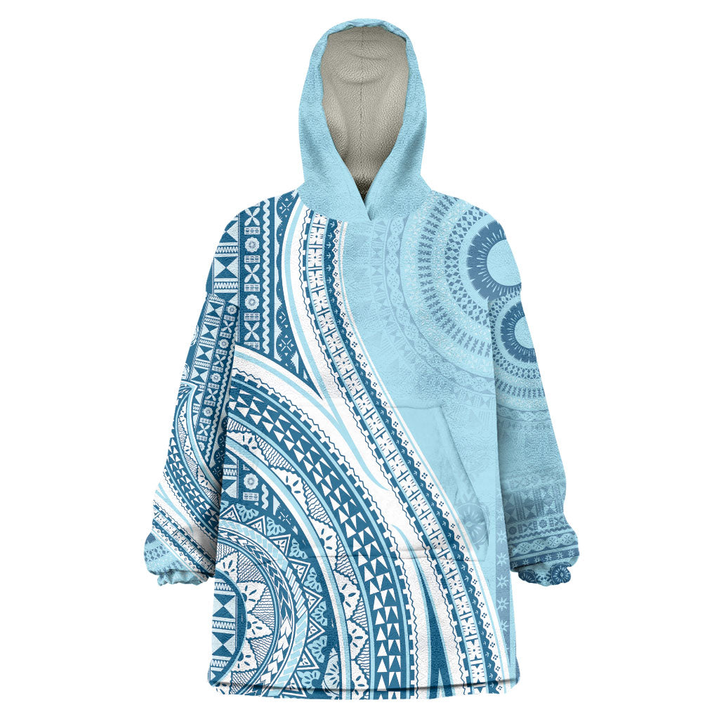 Bula Fiji Vintage Tapa Wearable Blanket Hoodie Kaivity Masi Wave Motifs - Turquoise LT7 One Size Turquoise - Polynesian Pride