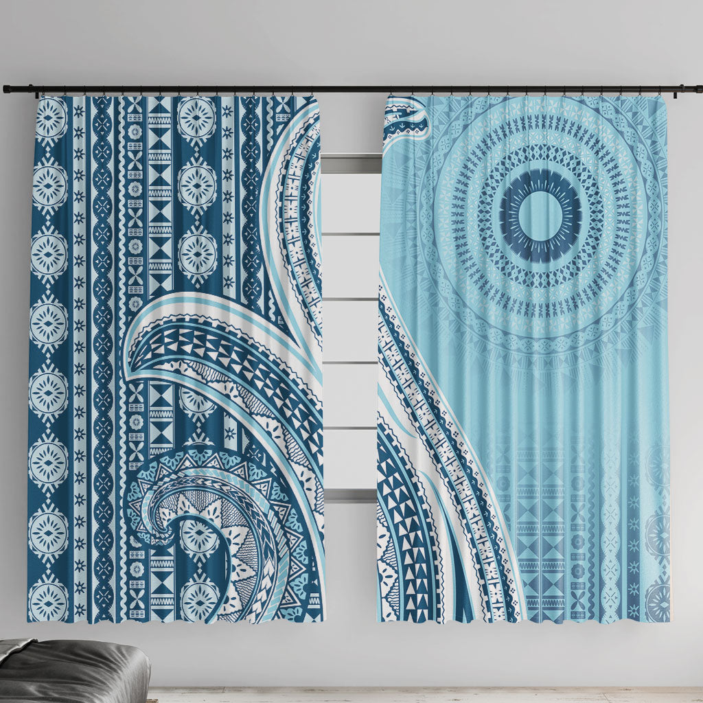 Bula Fiji Vintage Tapa Window Curtain Kaivity Masi Wave Motifs - Turquoise LT7 With Hooks Turquoise - Polynesian Pride