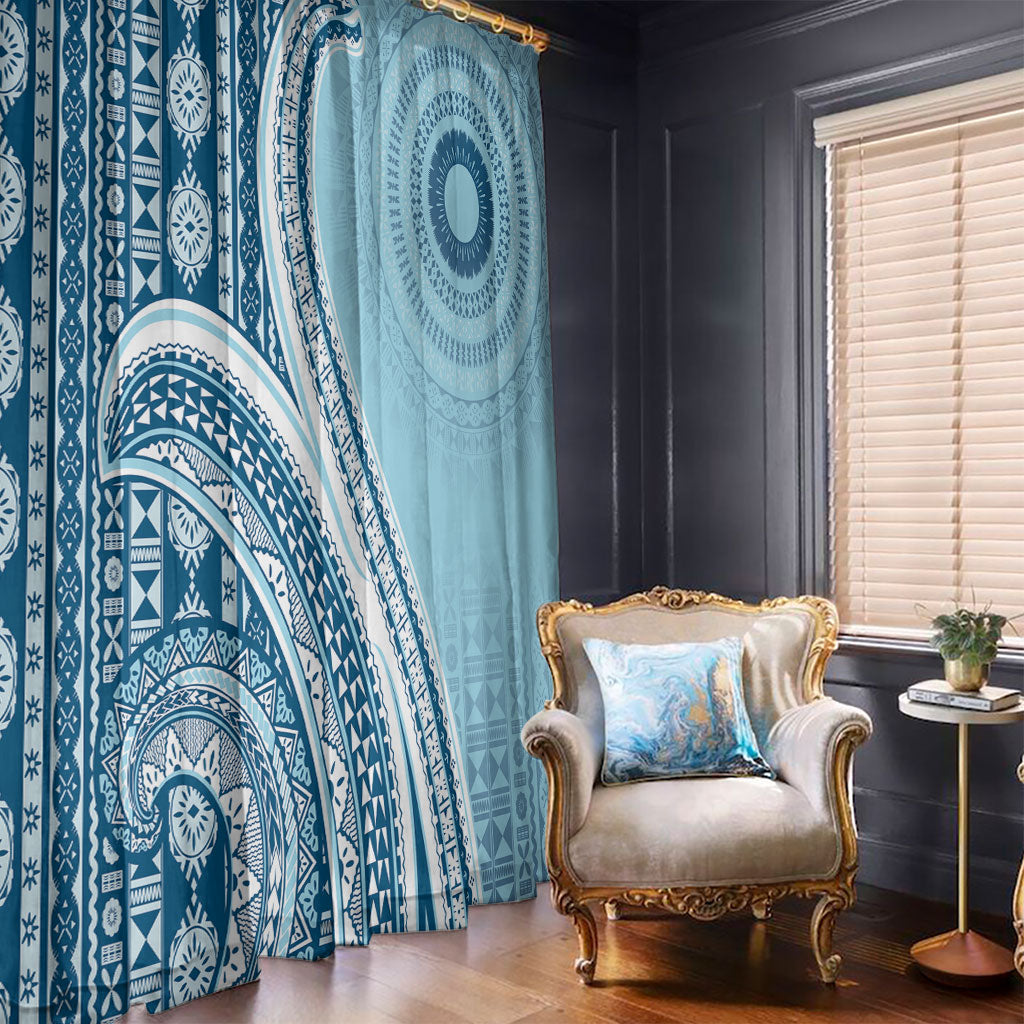 Bula Fiji Vintage Tapa Window Curtain Kaivity Masi Wave Motifs - Turquoise LT7 - Polynesian Pride