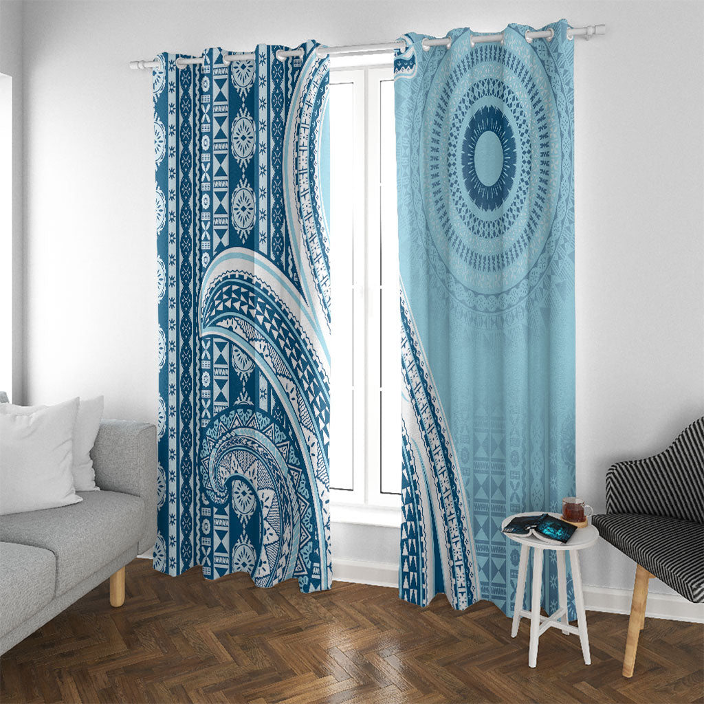 Bula Fiji Vintage Tapa Window Curtain Kaivity Masi Wave Motifs - Turquoise LT7 With Grommets Turquoise - Polynesian Pride