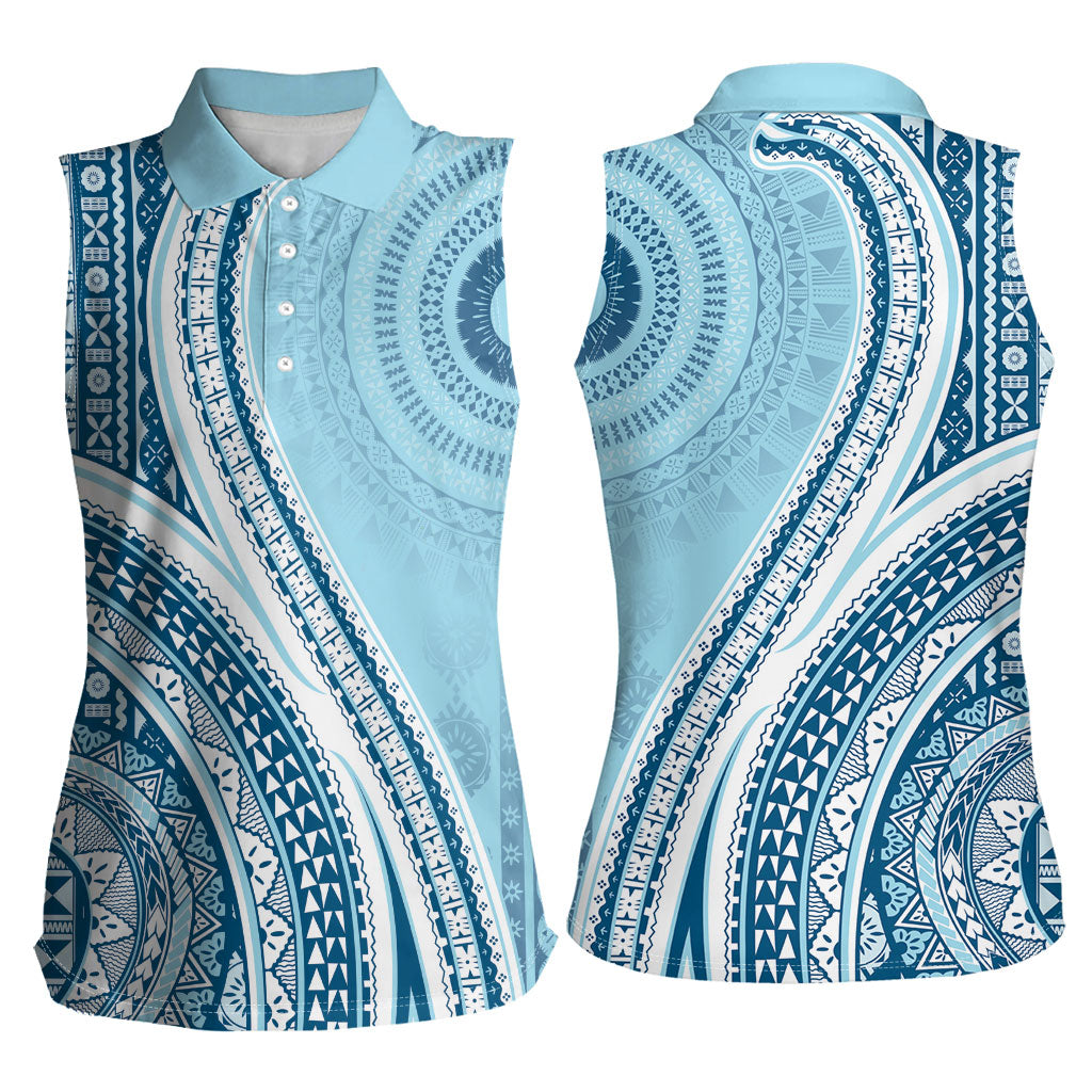 Bula Fiji Vintage Tapa Women Sleeveless Polo Shirt Kaivity Masi Wave Motifs - Turquoise