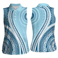 Bula Fiji Vintage Tapa Women Sleeveless Polo Shirt Kaivity Masi Wave Motifs - Turquoise