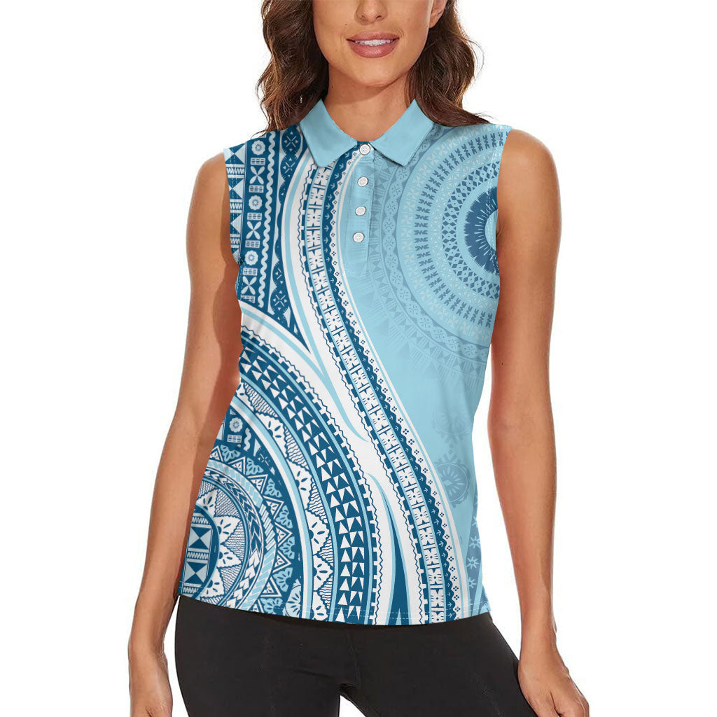 Bula Fiji Vintage Tapa Women Sleeveless Polo Shirt Kaivity Masi Wave Motifs - Turquoise