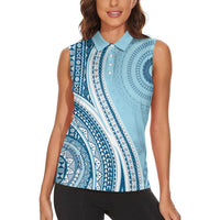 Bula Fiji Vintage Tapa Women Sleeveless Polo Shirt Kaivity Masi Wave Motifs - Turquoise