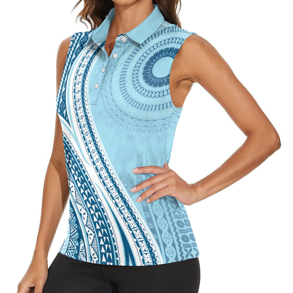 Bula Fiji Vintage Tapa Women Sleeveless Polo Shirt Kaivity Masi Wave Motifs - Turquoise