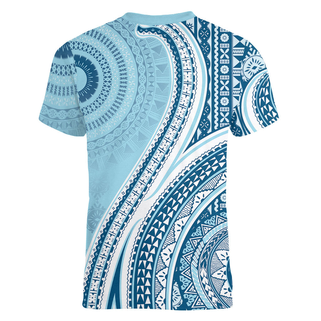 Bula Fiji Vintage Tapa Women V-Neck T-Shirt Kaivity Masi Wave Motifs - Turquoise LT7 - Polynesian Pride