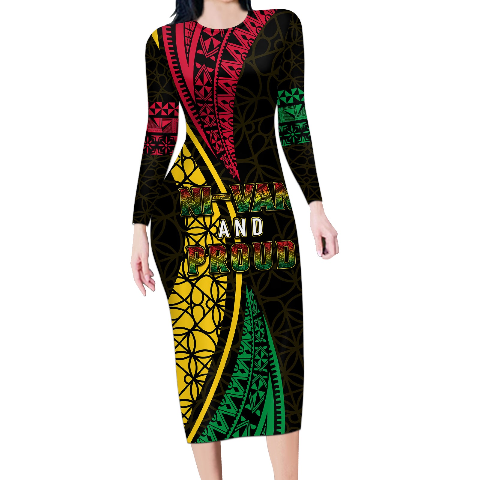 Personalised Vanuatu Long Sleeve Bodycon Dress Melanesian Sand Drawing Mixed - Ni Van and Proud LT7 Long Dress Black - Polynesian Pride