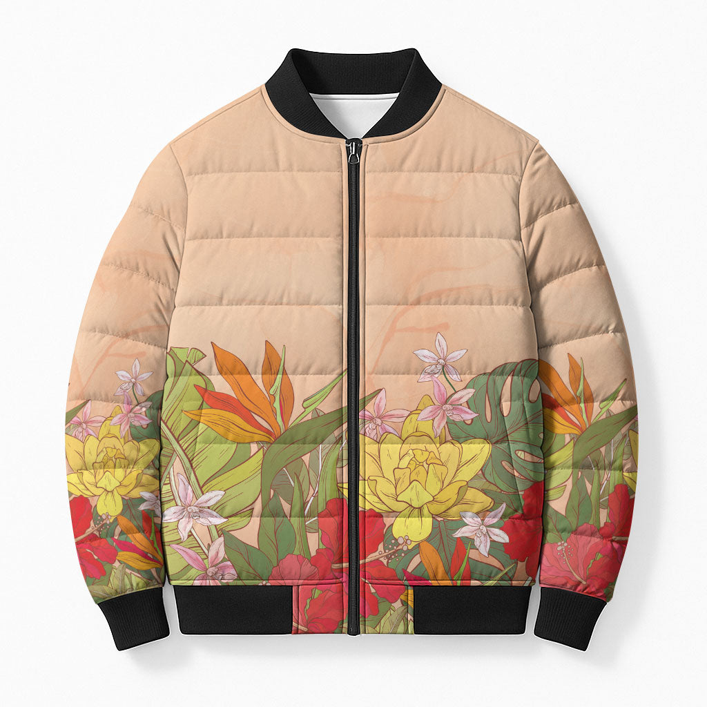 Mahalo Hawaii - Ka Pule a ka Haku Bomber Puffer Jacket Tropical Flowers LT7 Unisex Coral Pink - Polynesian Pride