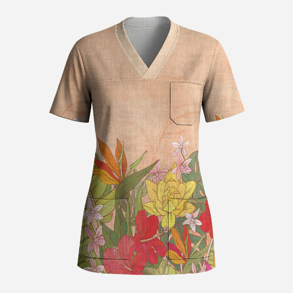 Mahalo Hawaii - Ka Pule a ka Haku Scrub Top Tropical Flowers LT7 Adult Coral Pink - Polynesian Pride