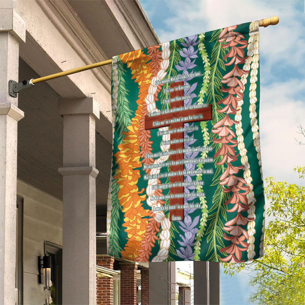 Mahalo Hawaii - Ka Pule a ka Haku Garden Flag Mixed Lei LT7 House Flag Sage Green - Polynesian Pride