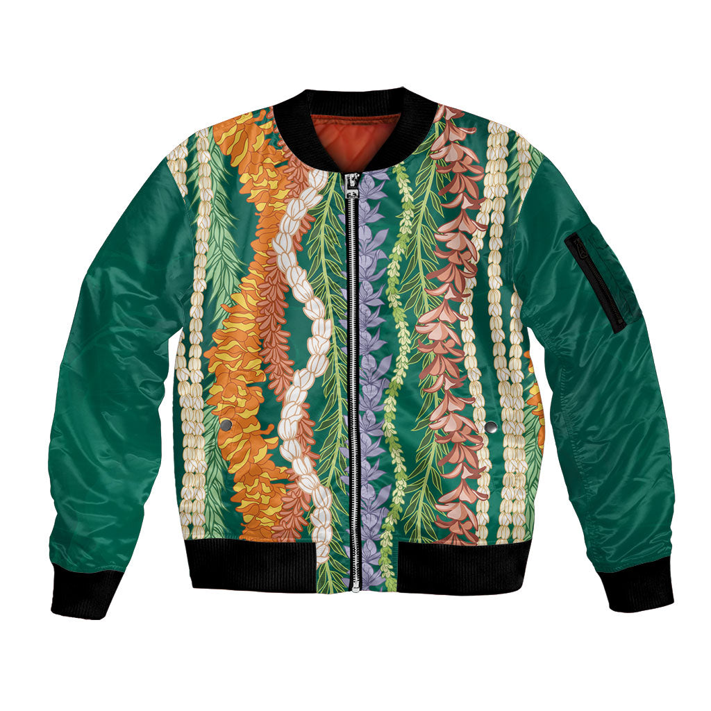 Mahalo Hawaii - Ka Pule a ka Haku Sleeve Zip Bomber Jacket Mixed Lei LT7 Unisex Sage Green - Polynesian Pride