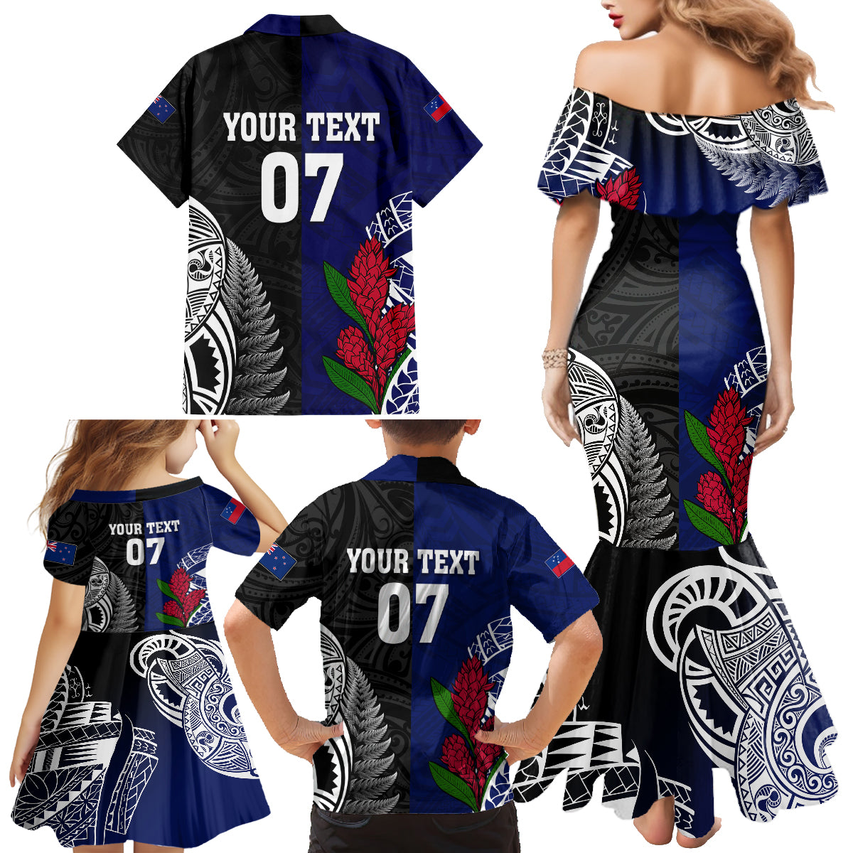 Personalised New Zealand Vs Samoa Rugby Family Matching Mermaid Dress and Hawaiian Shirt Go Champions LT7 - Polynesian Pride