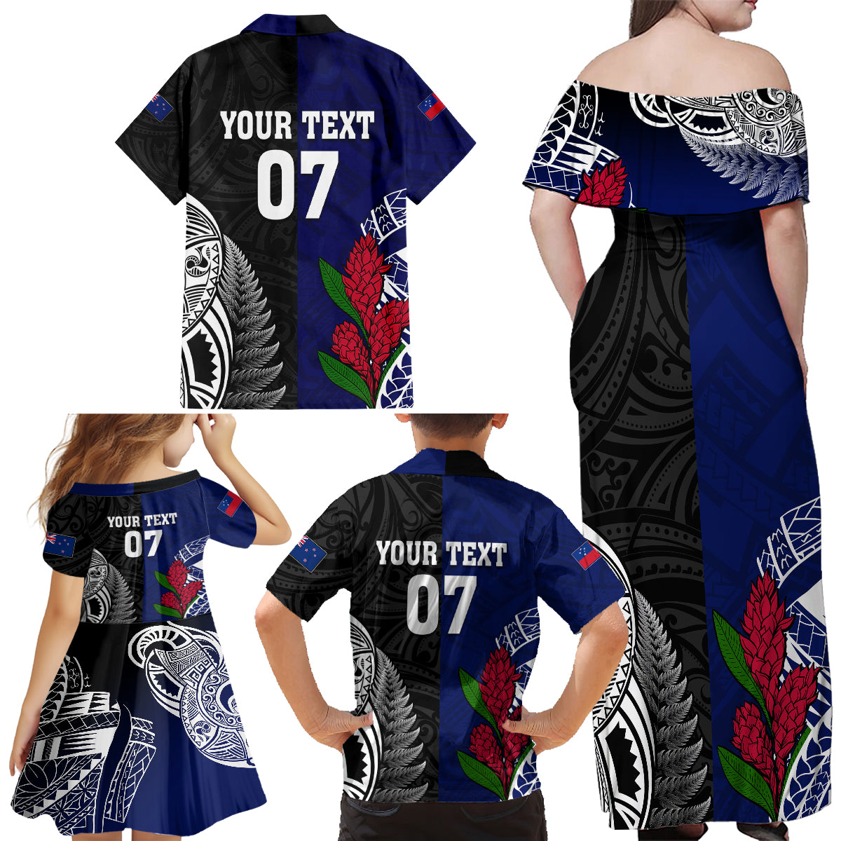 Personalised New Zealand Vs Samoa Rugby Family Matching Off Shoulder Long Sleeve Dress and Hawaiian Shirt Go Champions LT7 - Polynesian Pride