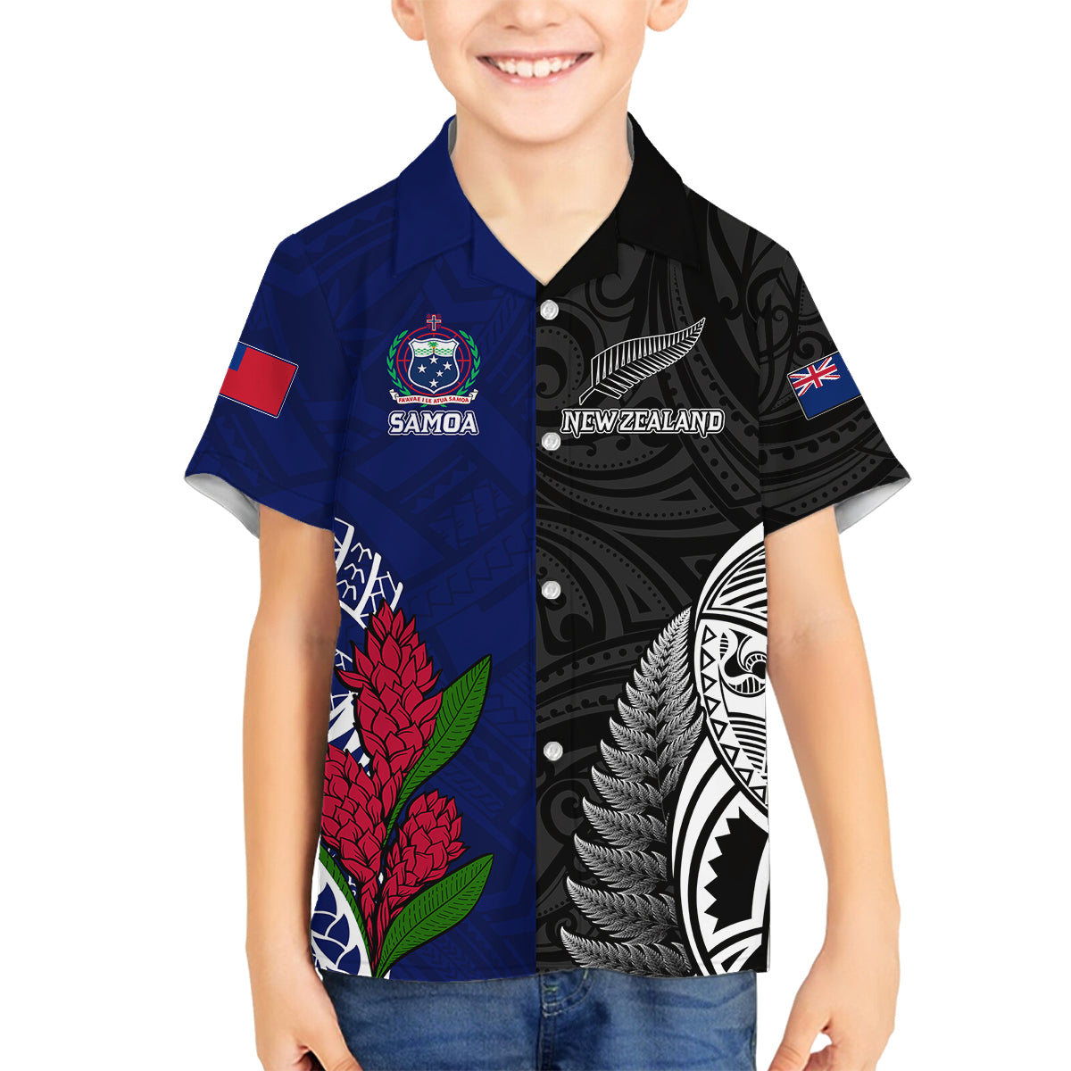 Personalised New Zealand Vs Samoa Rugby Family Matching Short Sleeve Bodycon Dress and Hawaiian Shirt Go Champions LT7 Son's Shirt Black Blue - Polynesian Pride