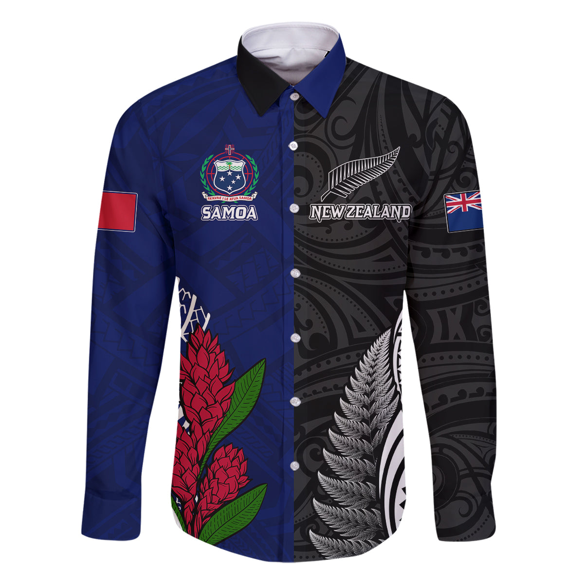 Personalised New Zealand Vs Samoa Rugby Family Matching Tank Maxi Dress and Hawaiian Shirt Go Champions LT7 Dad's Shirt - Long Sleeve Black Blue - Polynesian Pride