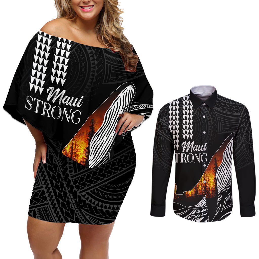Hawaii Humpback Whale Couples Matching Off Shoulder Short Dress and Long Sleeve Button Shirts Be Strong - Pray For Maui LT7 Black - Polynesian Pride