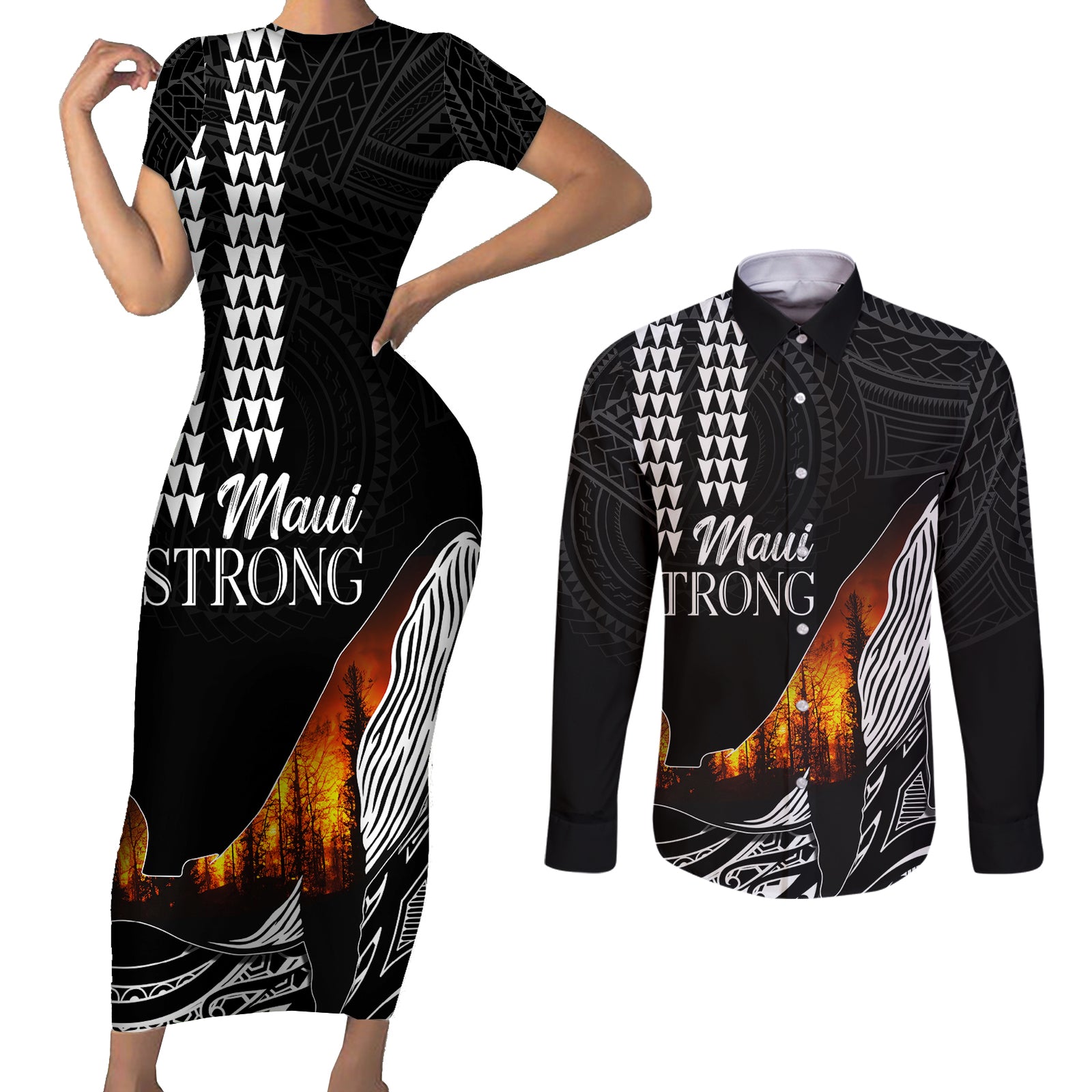 Hawaii Humpback Whale Couples Matching Short Sleeve Bodycon Dress and Long Sleeve Button Shirts Be Strong - Pray For Maui LT7 Black - Polynesian Pride