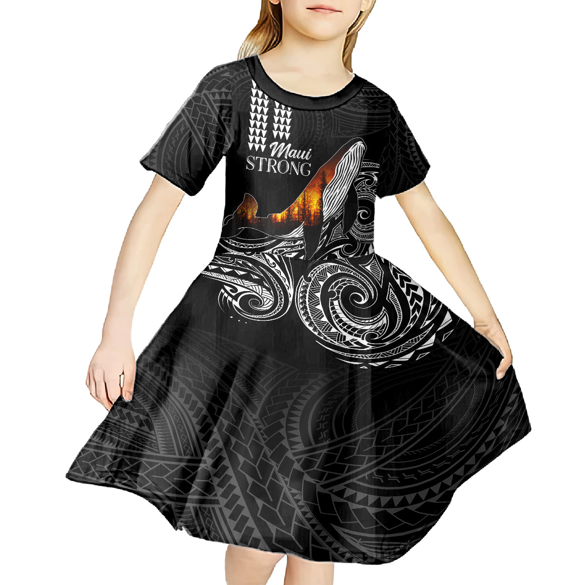 Hawaii Humpback Whale Kid Short Sleeve Dress Be Strong - Pray For Maui LT7 - Polynesian Pride