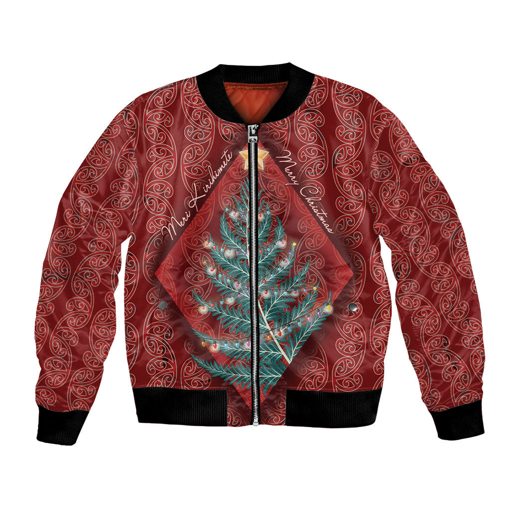 Aotearoa Maori Mangopare Meri Kirihimete Bomber Jacket Christmas Fern LT7 Unisex Red - Polynesian Pride