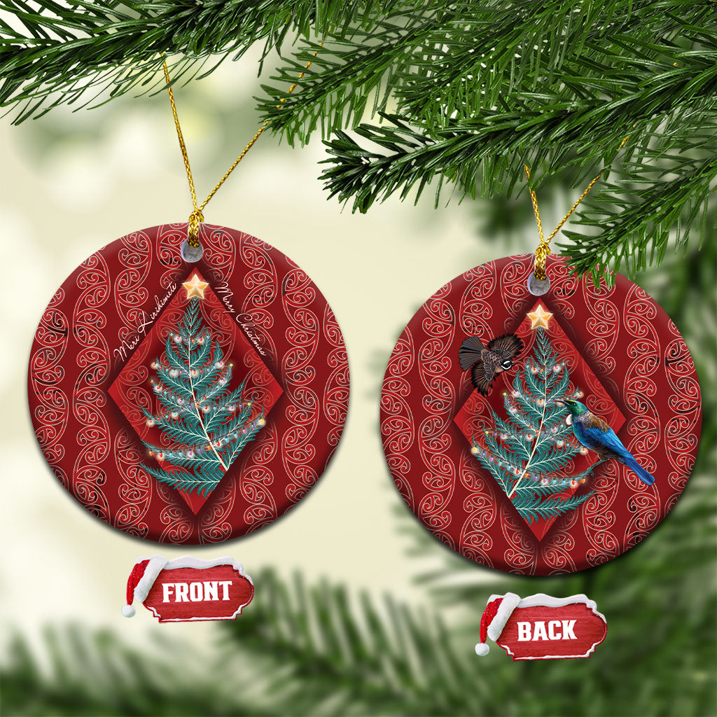 Aotearoa Maori Mangopare Meri Kirihimete Ceramic Ornament Christmas Fern LT7 Circle Red - Polynesian Pride