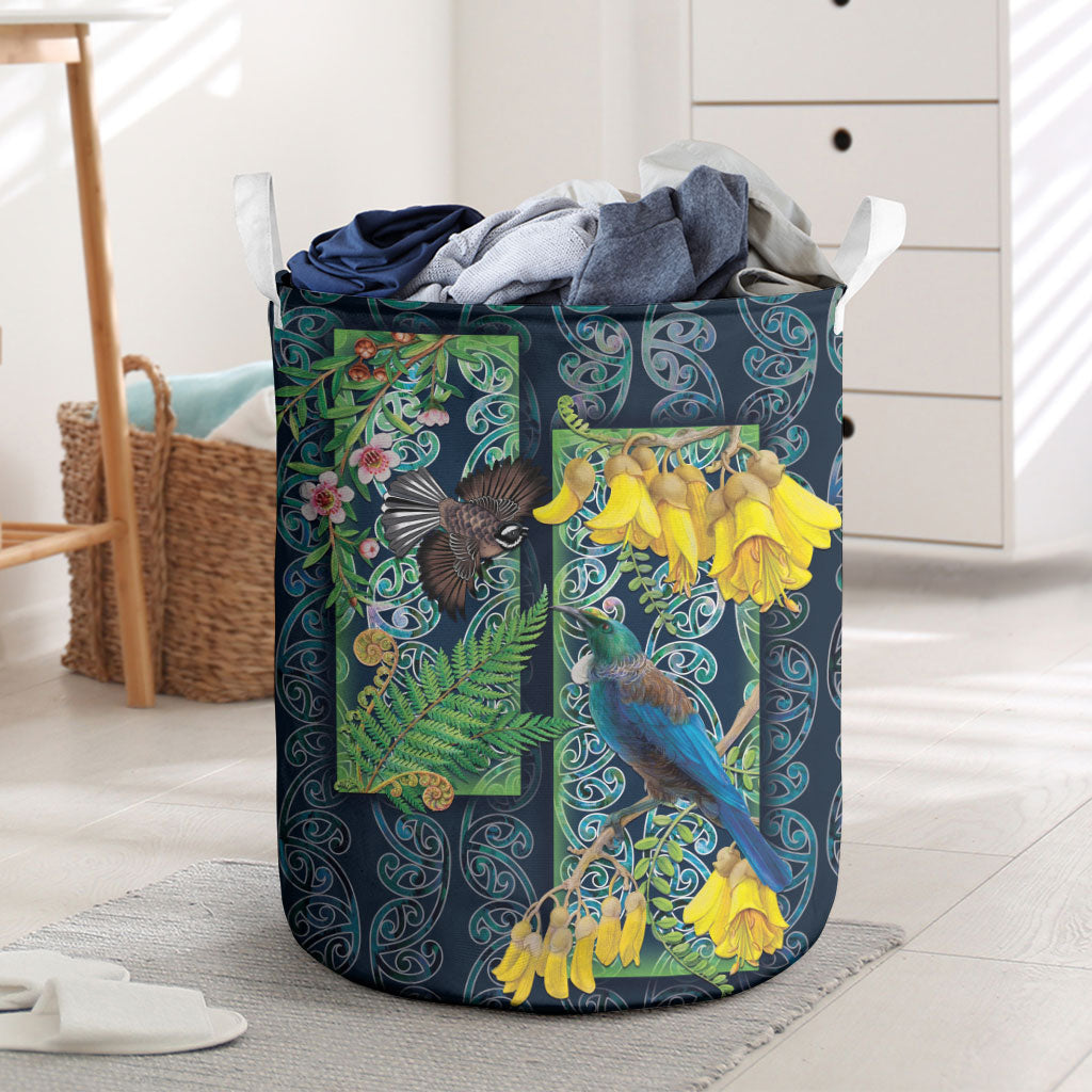 Aotearoa Maori Mangopare Christmas Laundry Basket Pikawakawa and Tui LT7 Dark Blue - Polynesian Pride