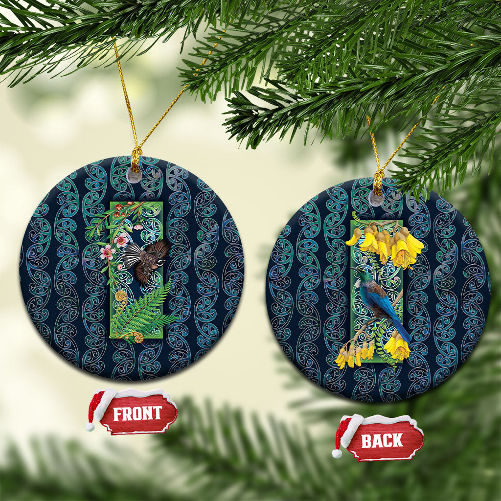 Aotearoa Maori Mangopare Christmas Ceramic Ornament Pikawakawa and Tui LT7 Circle Dark Blue - Polynesian Pride
