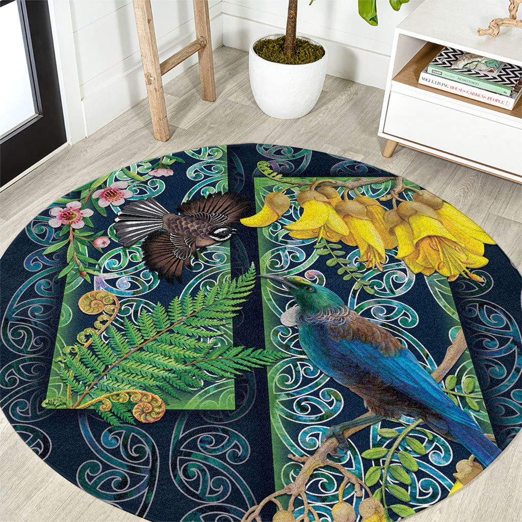 Aotearoa Maori Mangopare Christmas Round Carpet Pikawakawa and Tui LT7 Dark Blue - Polynesian Pride