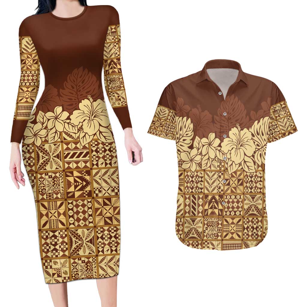 Niue Hiapo Motif Couples Matching Long Sleeve Bodycon Dress and Hawaiian Shirt Tapa Classic