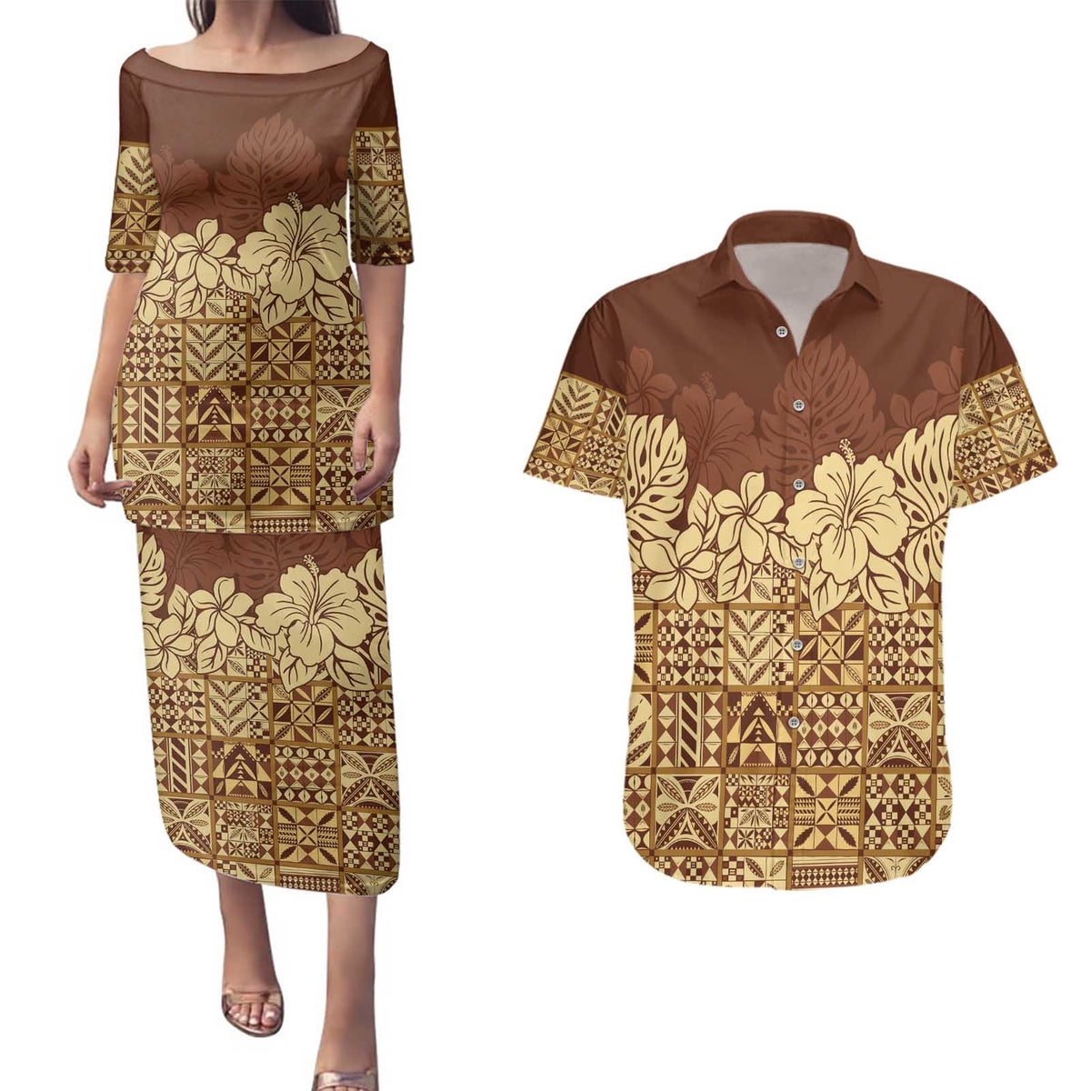 Niue Hiapo Motif Couples Matching Puletasi and Hawaiian Shirt Tapa Classic LT7 Beige - Polynesian Pride