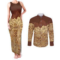Niue Hiapo Motif Couples Matching Tank Maxi Dress and Long Sleeve Button Shirt Tapa Classic LT7 Beige - Polynesian Pride
