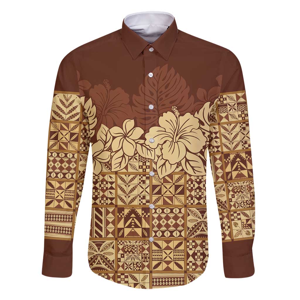 Niue Hiapo Motif Family Matching Tank Maxi Dress and Hawaiian Shirt Tapa Classic LT7 Dad's Shirt - Long Sleeve Beige - Polynesian Pride