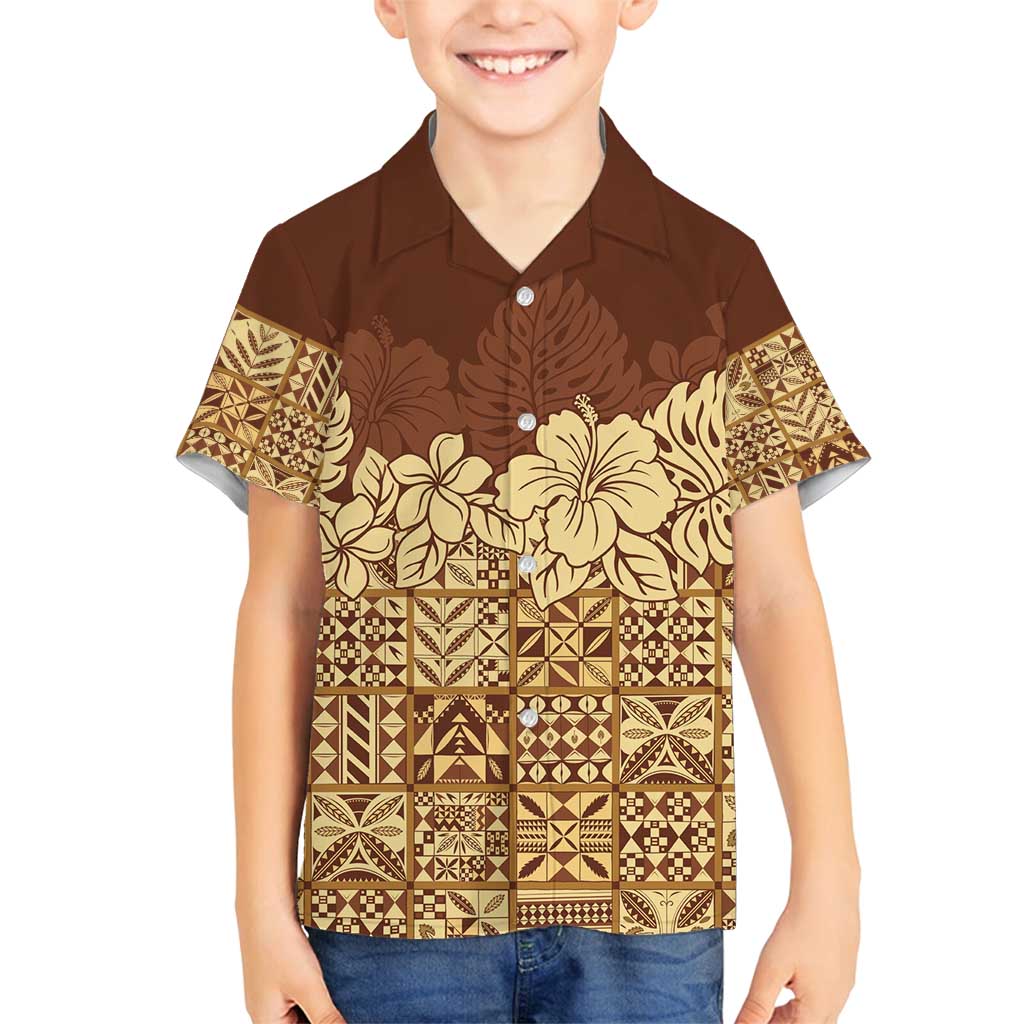 Niue Hiapo Motif Family Matching Tank Maxi Dress and Hawaiian Shirt Tapa Classic LT7 Son's Shirt Beige - Polynesian Pride
