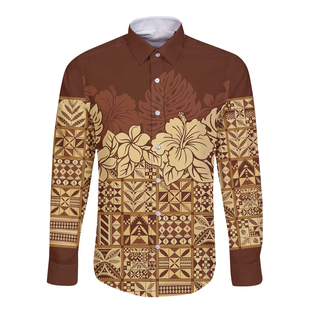 Niue Hiapo Motif Long Sleeve Button Shirt Tapa Classic LT7 Unisex Beige - Polynesian Pride