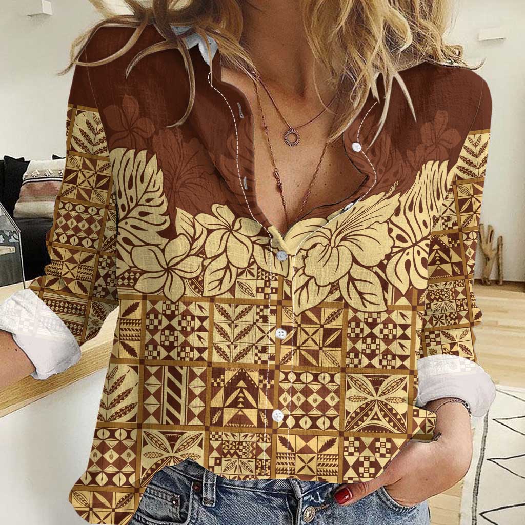 Niue Hiapo Motif Women Casual Shirt Tapa Classic LT7 Female Beige - Polynesian Pride