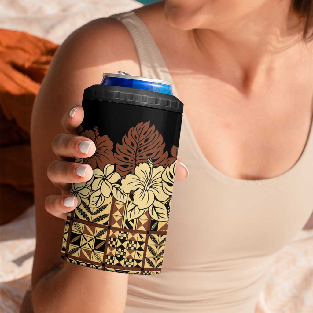 Niue Hiapo Motif 4 in 1 Can Cooler Tumbler Tapa Classic - Black Ver LT7 - Polynesian Pride