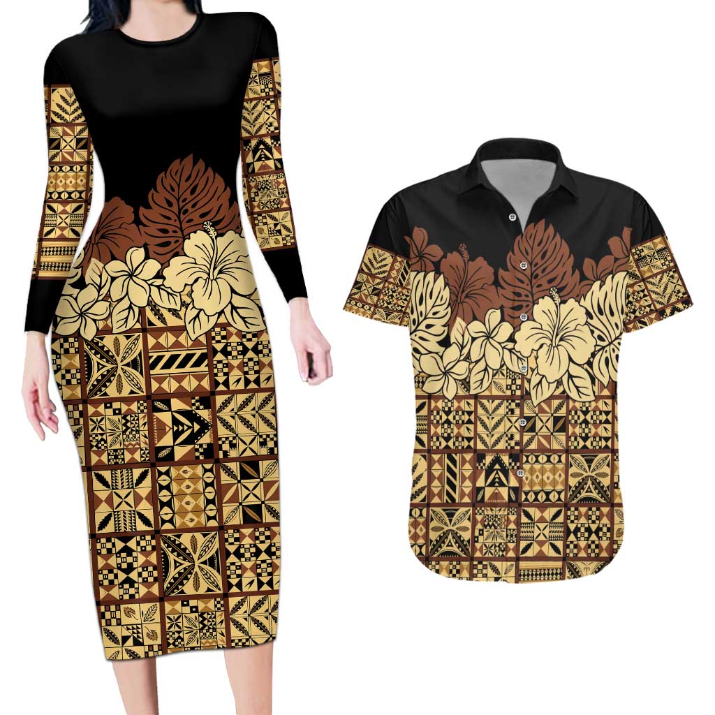 Niue Hiapo Motif Couples Matching Long Sleeve Bodycon Dress and Hawaiian Shirt Tapa Classic - Black Ver LT7 Black - Polynesian Pride