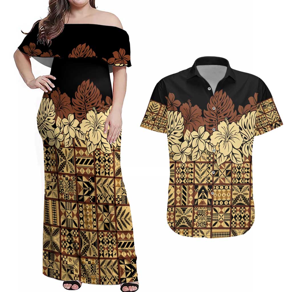 Niue Hiapo Motif Couples Matching Off Shoulder Maxi Dress and Hawaiian Shirt Tapa Classic - Black Ver