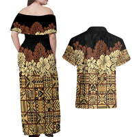 Niue Hiapo Motif Couples Matching Off Shoulder Maxi Dress and Hawaiian Shirt Tapa Classic - Black Ver LT7 - Polynesian Pride